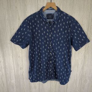 7Diamonds Blue Denim Short Sleeve Button Front Shirt Rose Pattern Mens Size XL S